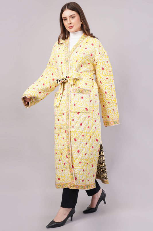 Reversible Quilted Yellow Cotton Robe – Floral & Geometric Belted Long Loungewear