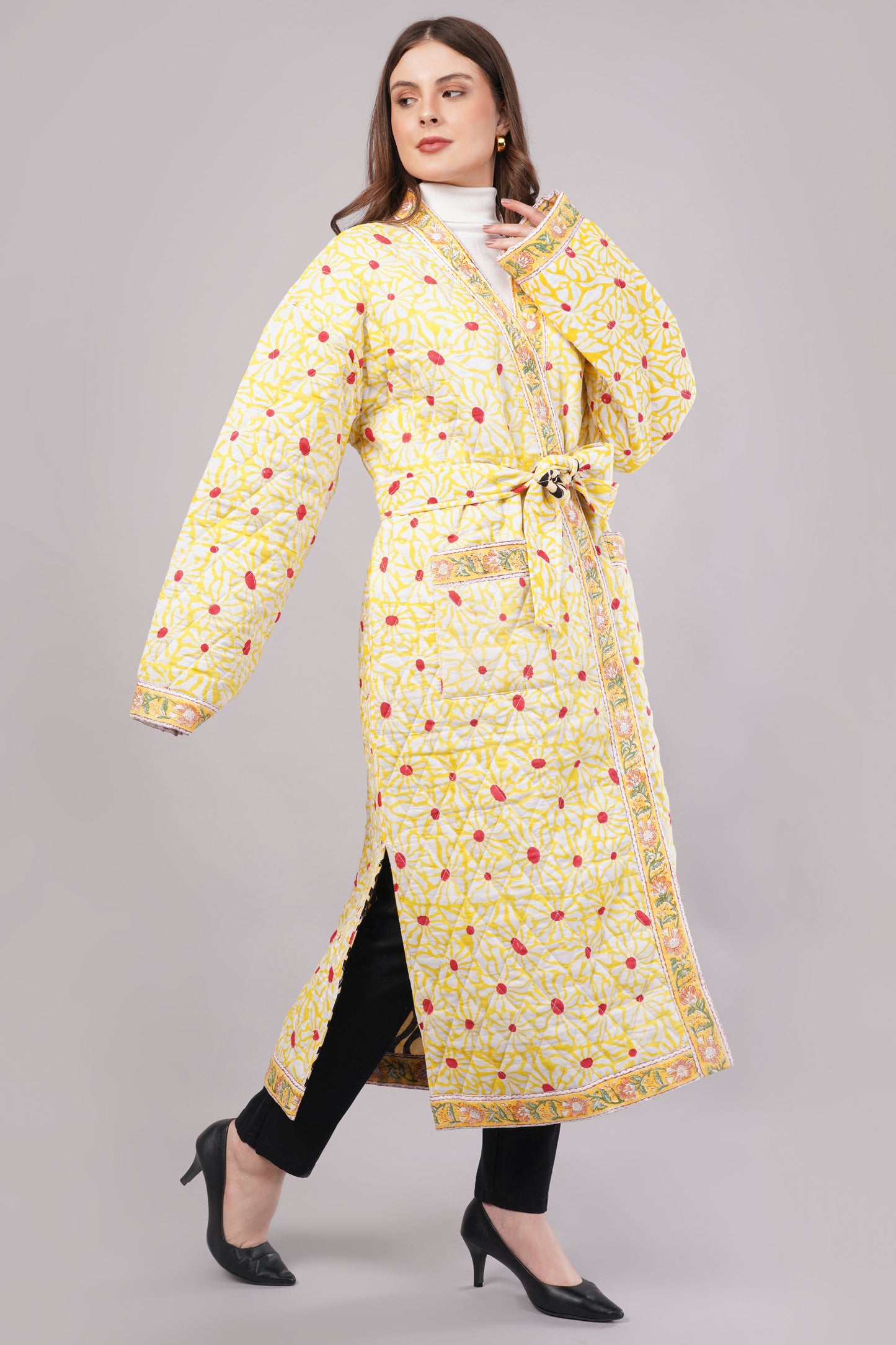Reversible Quilted Yellow Cotton Robe – Floral & Geometric Belted Long Loungewear