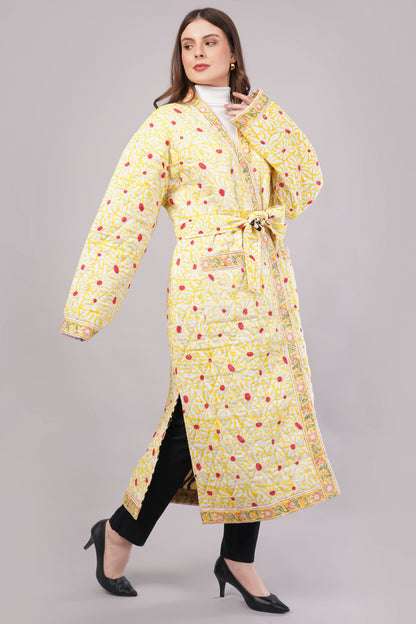 Reversible Quilted Yellow Cotton Robe – Floral & Geometric Belted Long Loungewear