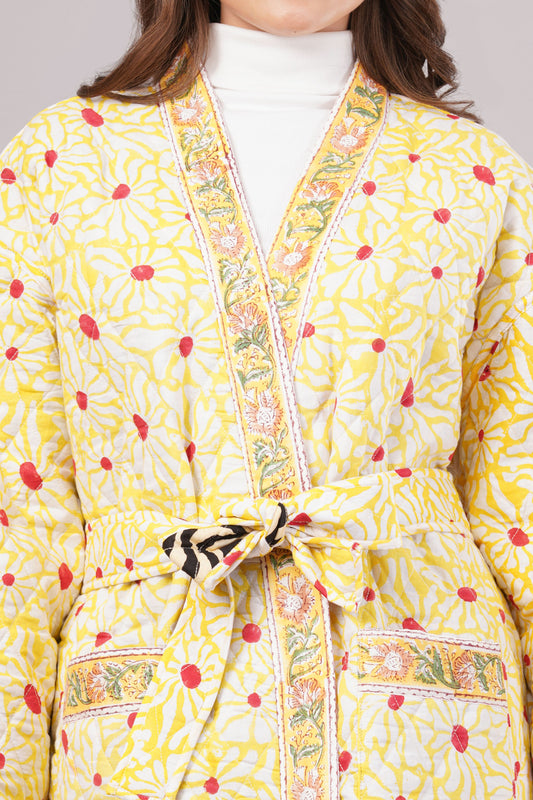 Reversible Quilted Yellow Cotton Robe – Floral & Geometric Belted Long Loungewear