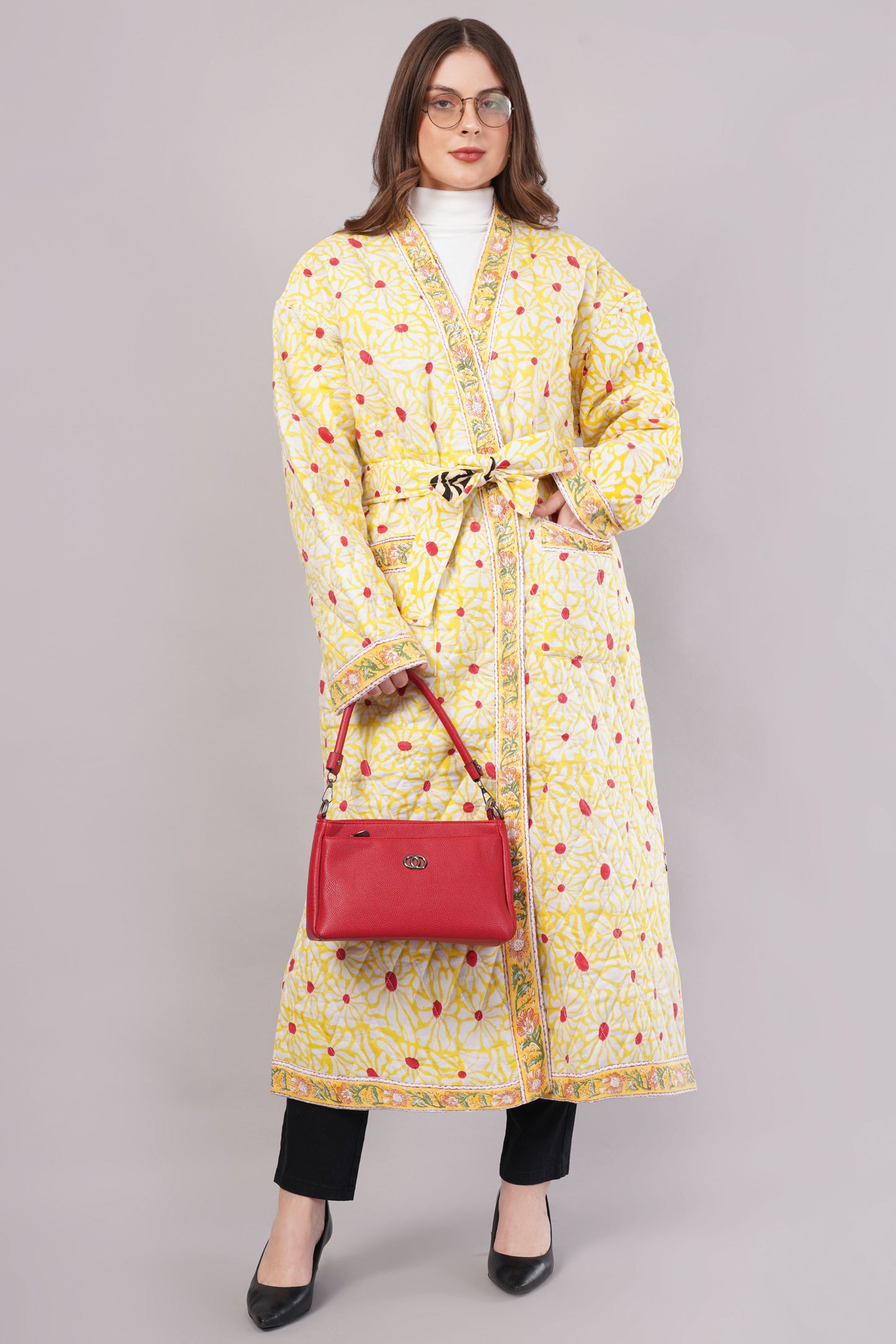 Reversible Quilted Yellow Cotton Robe – Floral & Geometric Belted Long Loungewear