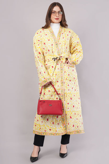 Reversible Quilted Yellow Cotton Robe – Floral & Geometric Belted Long Loungewear