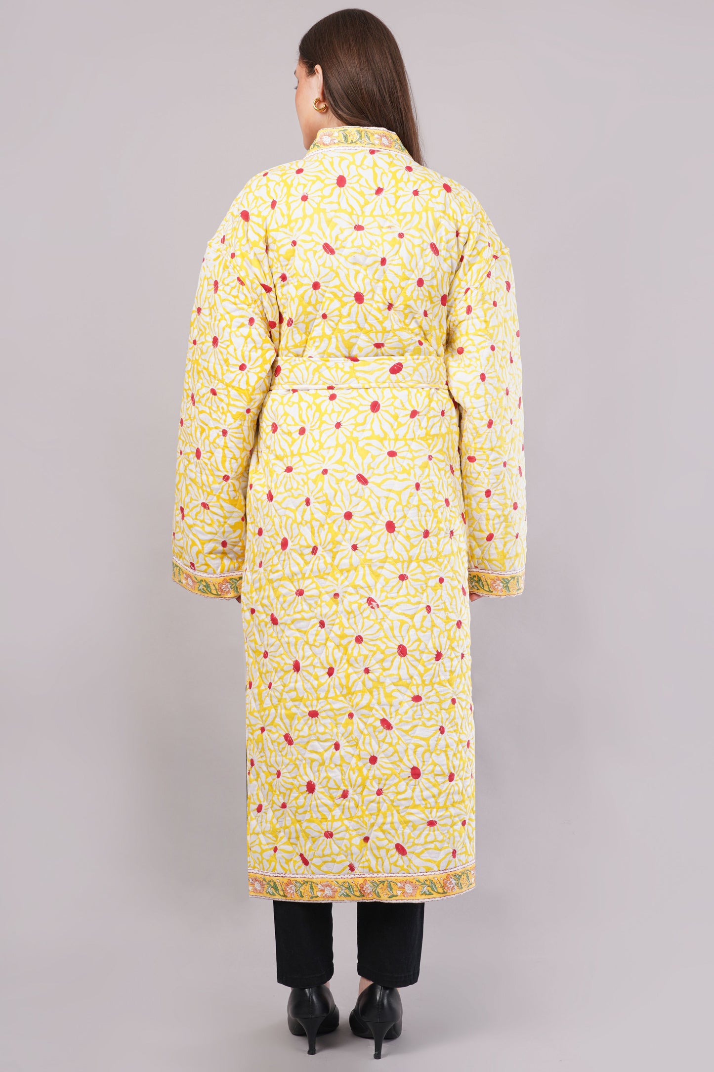 Reversible Quilted Yellow Cotton Robe – Floral & Geometric Belted Long Loungewear