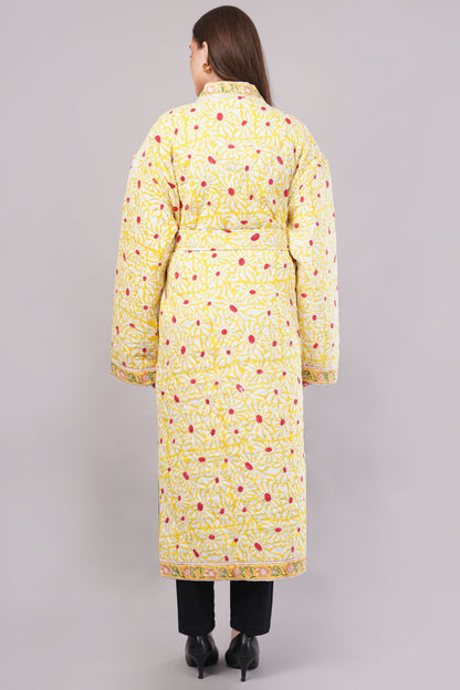 Reversible Quilted Yellow Cotton Robe – Floral & Geometric Belted Long Loungewear