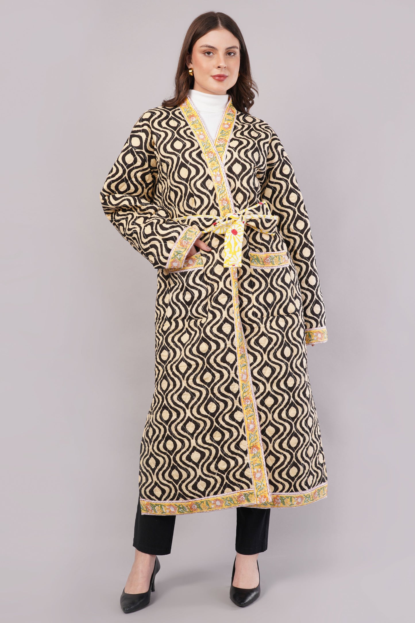 Reversible Quilted Yellow Cotton Robe – Floral & Geometric Belted Long Loungewear
