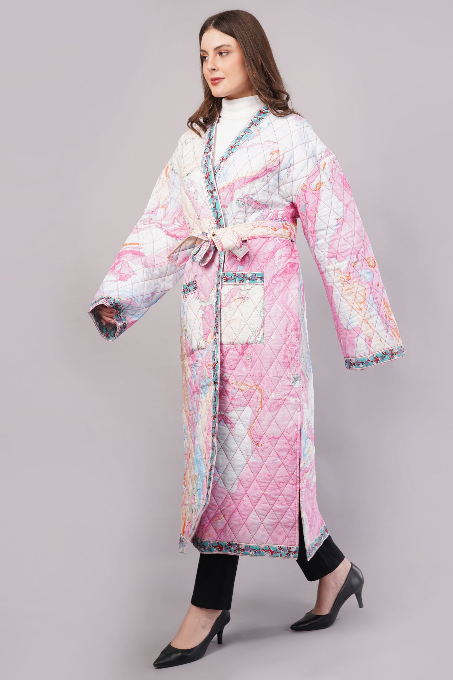 Reversible Quilted Cotton Robe – Marbled Pink & Striped Floral Belted Loungewear