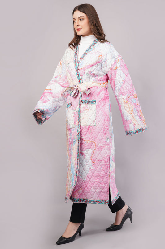 Reversible Quilted Cotton Robe – Marbled Pink & Striped Floral Belted Loungewear