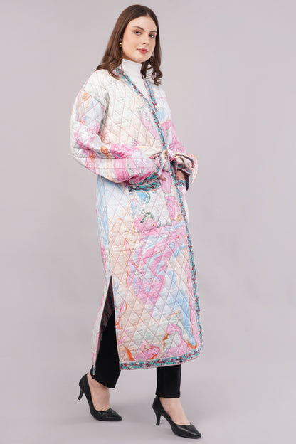 Reversible Quilted Cotton Robe – Marbled Pink & Striped Floral Belted Loungewear