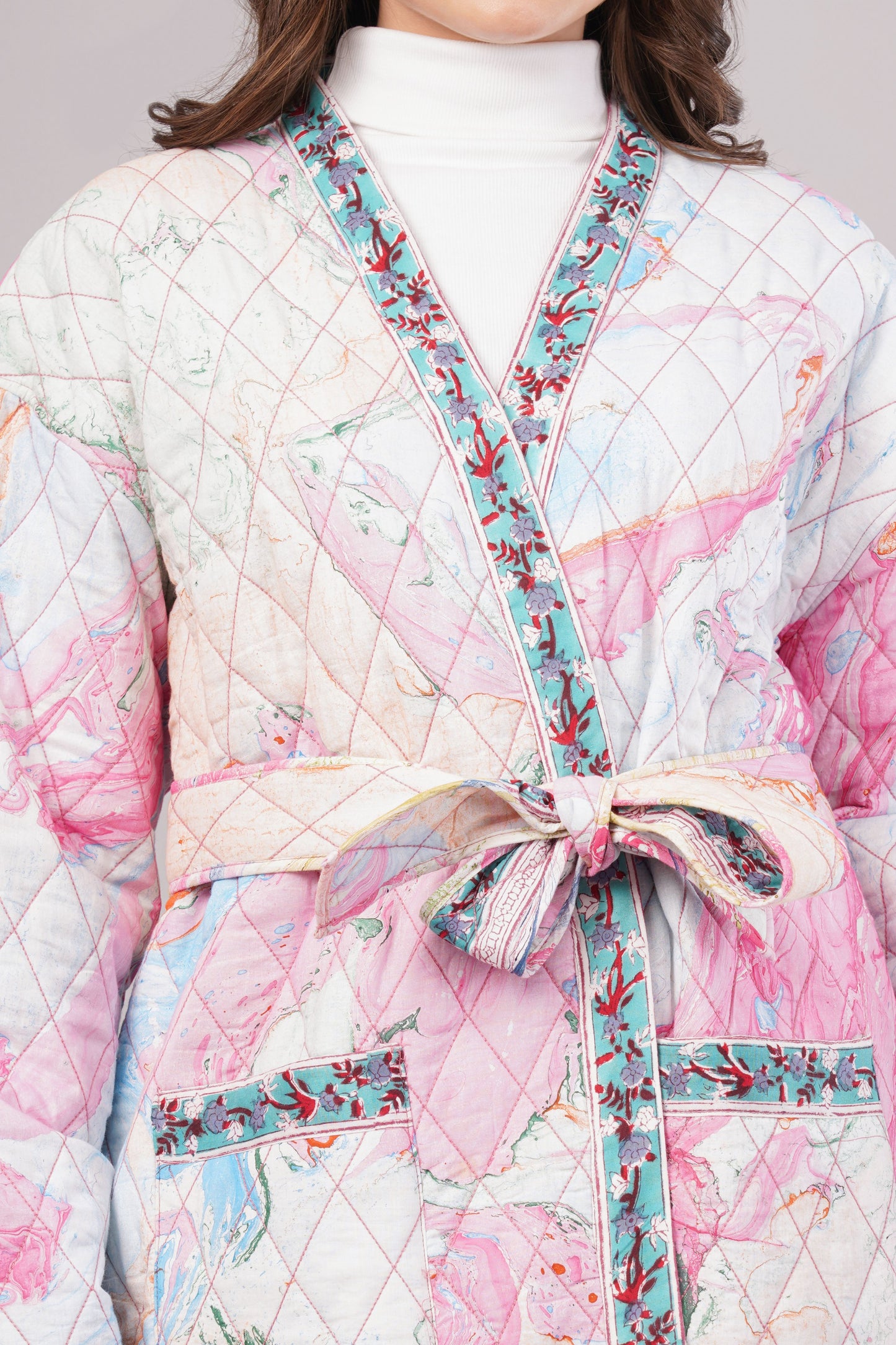 Reversible Quilted Cotton Robe – Marbled Pink & Striped Floral Belted Loungewear