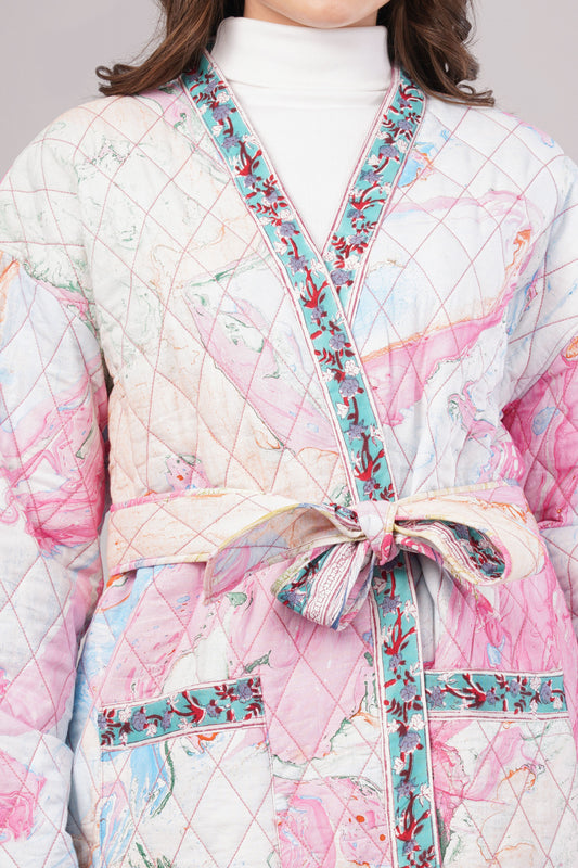 Reversible Quilted Cotton Robe – Marbled Pink & Striped Floral Belted Loungewear