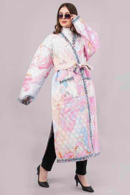 Reversible Quilted Cotton Robe – Marbled Pink & Striped Floral Belted Loungewear