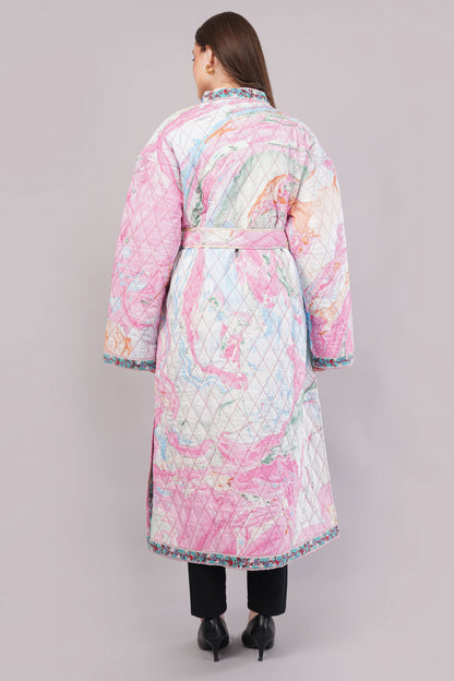 Reversible Quilted Cotton Robe – Marbled Pink & Striped Floral Belted Loungewear