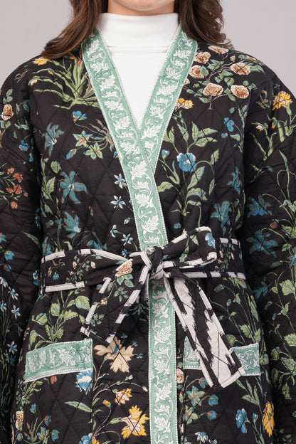 Reversible Quilted Cotton Robe – Black Floral & Diamond Pattern Belted Loungewear