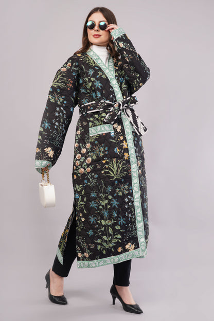 Reversible Quilted Cotton Robe – Black Floral & Diamond Pattern Belted Loungewear