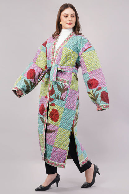 Reversible Quilted Cotton Robe – Patchwork Floral & Multicolor Striped Belted Loungewear