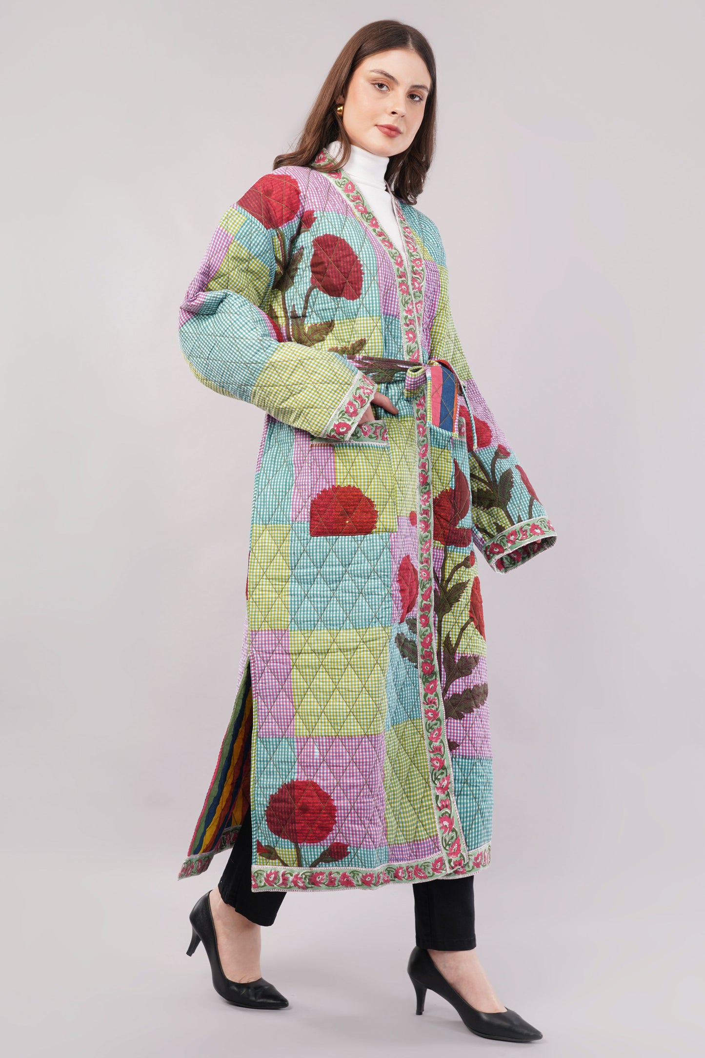 Reversible Quilted Cotton Robe – Patchwork Floral & Multicolor Striped Belted Loungewear