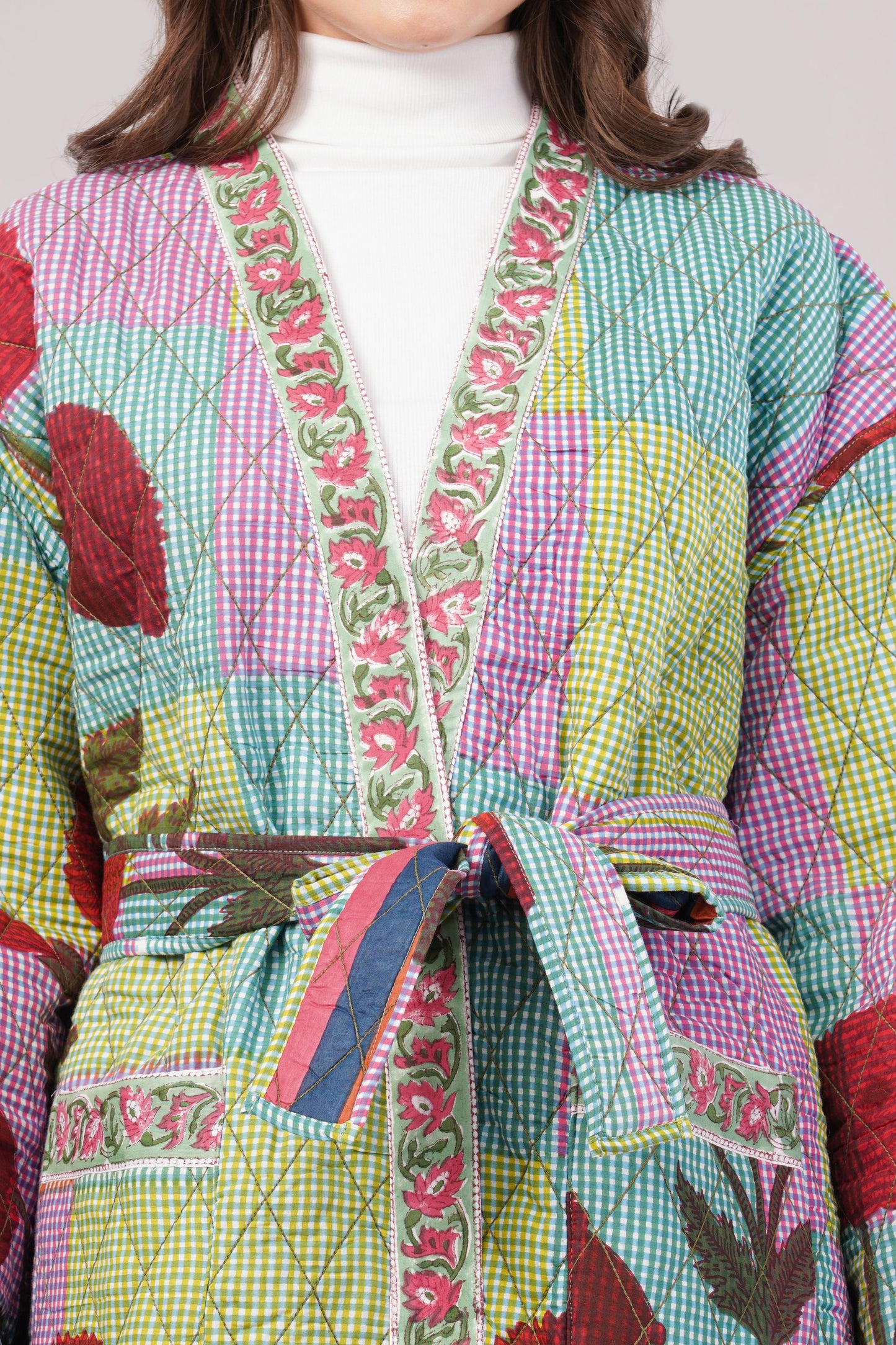Reversible Quilted Cotton Robe – Patchwork Floral & Multicolor Striped Belted Loungewear