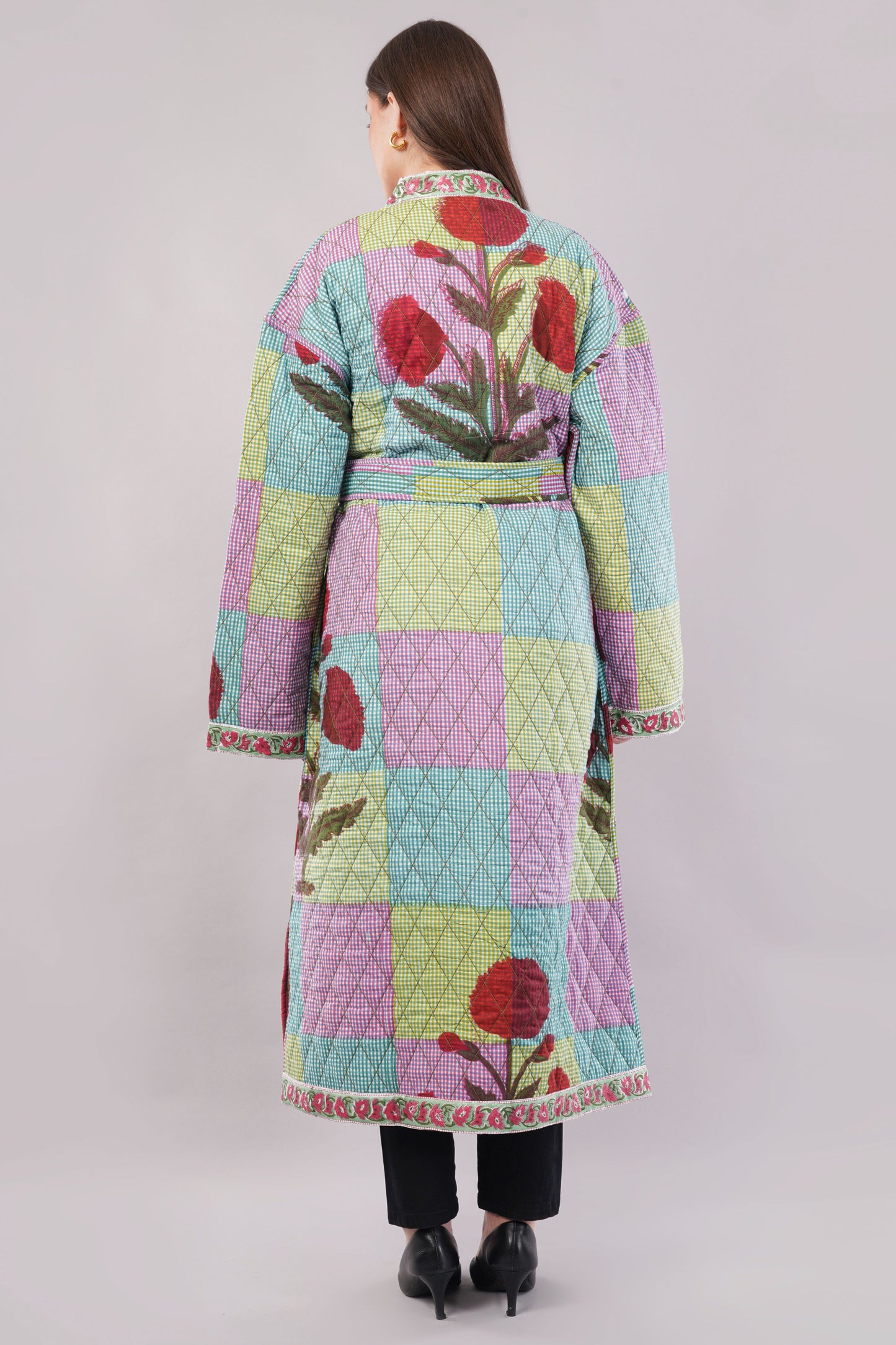 Reversible Quilted Cotton Robe – Patchwork Floral & Multicolor Striped Belted Loungewear