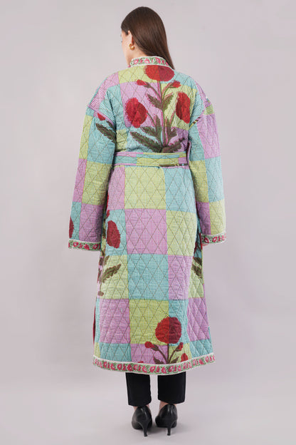 Reversible Quilted Cotton Robe – Patchwork Floral & Multicolor Striped Belted Loungewear