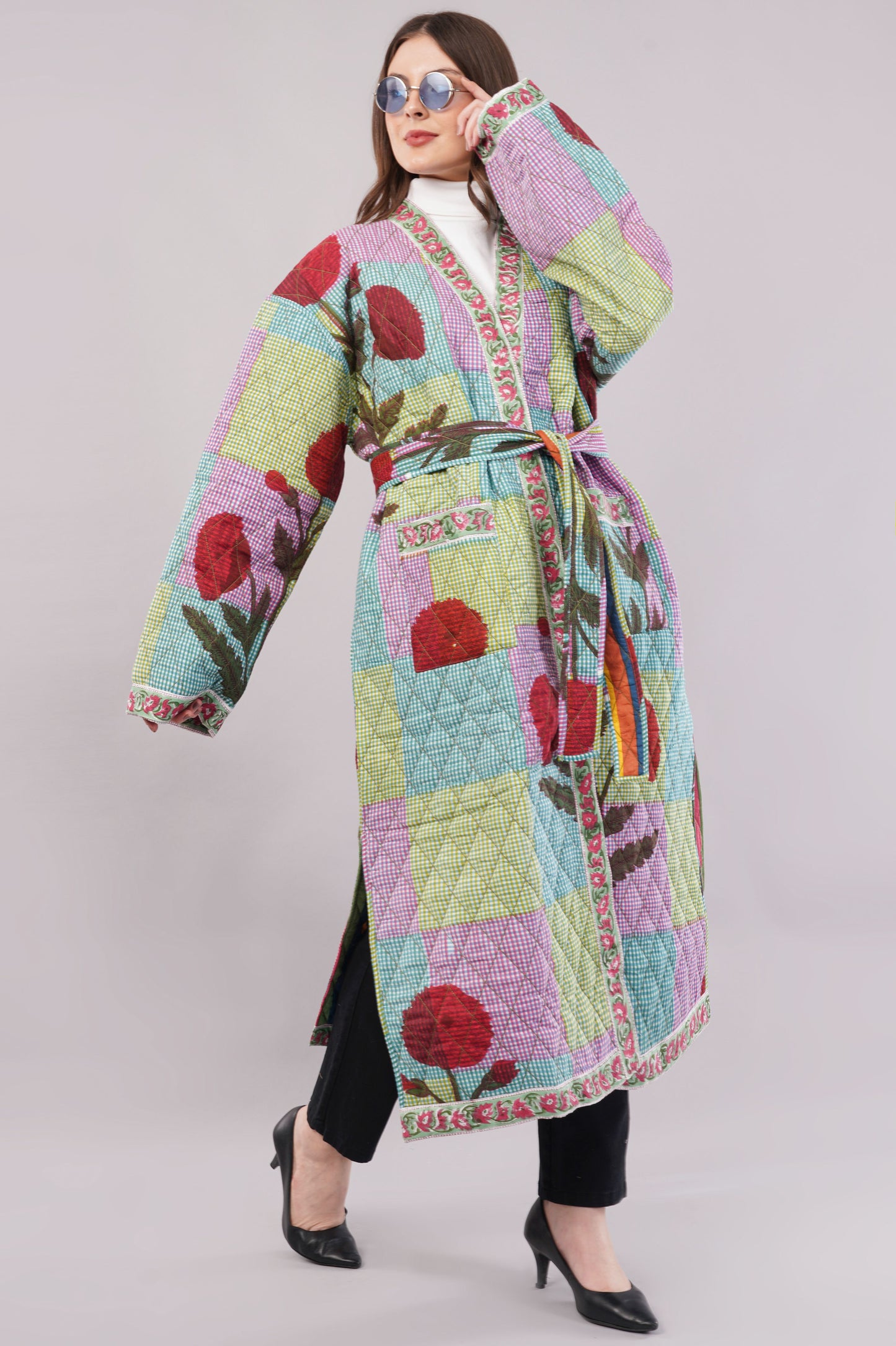 Reversible Quilted Cotton Robe – Patchwork Floral & Multicolor Striped Belted Loungewear