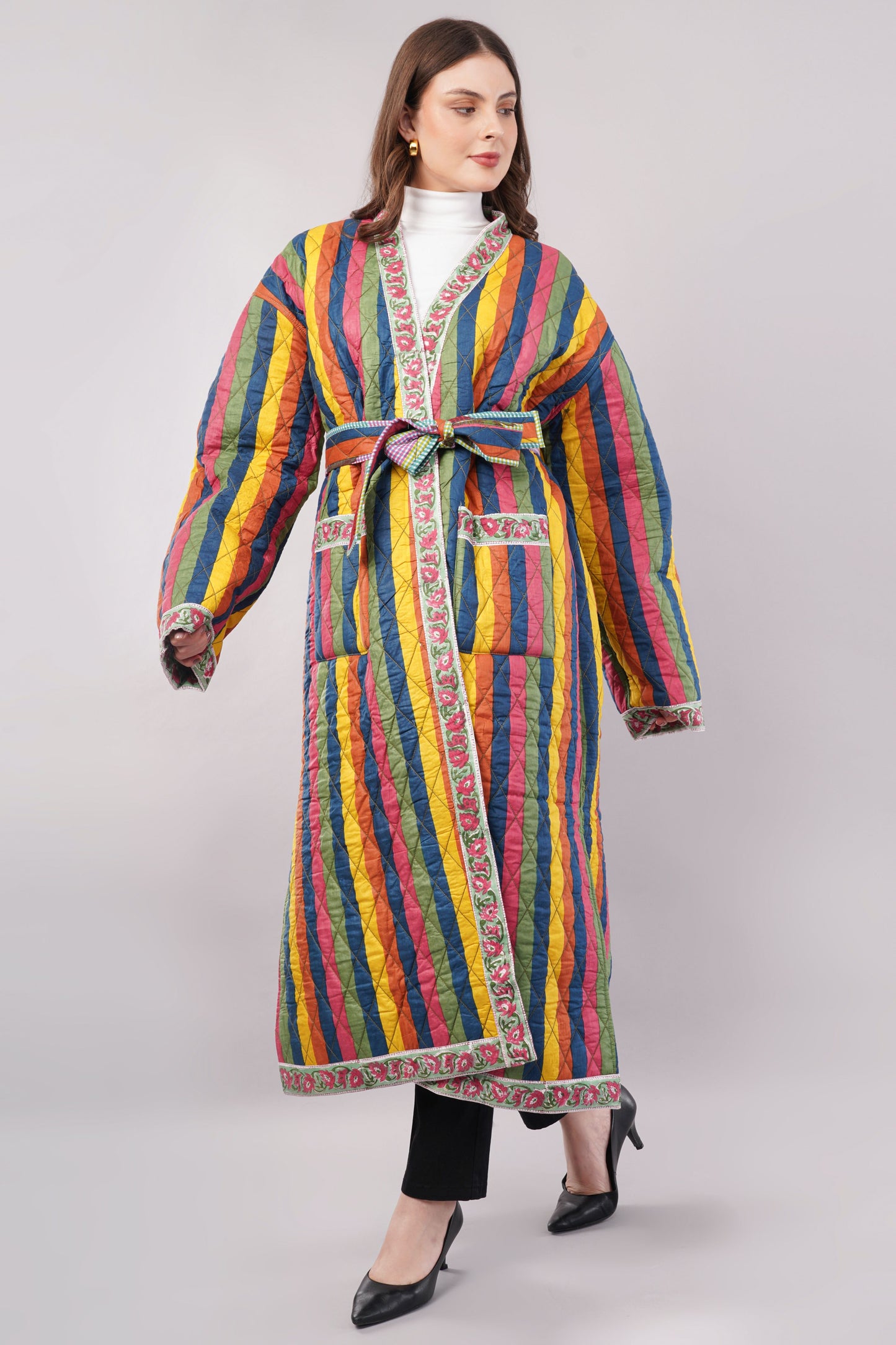 Reversible Quilted Cotton Robe – Patchwork Floral & Multicolor Striped Belted Loungewear