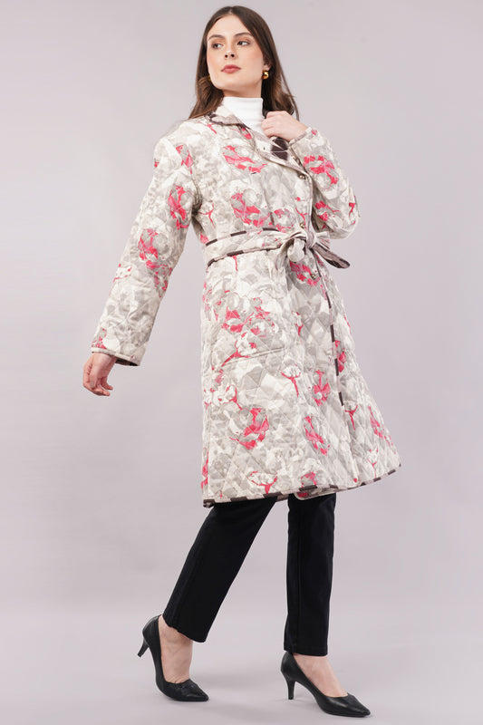 Reversible Quilted Cotton Robe – Beige Floral & Checkered Neutral Belted Loungewear