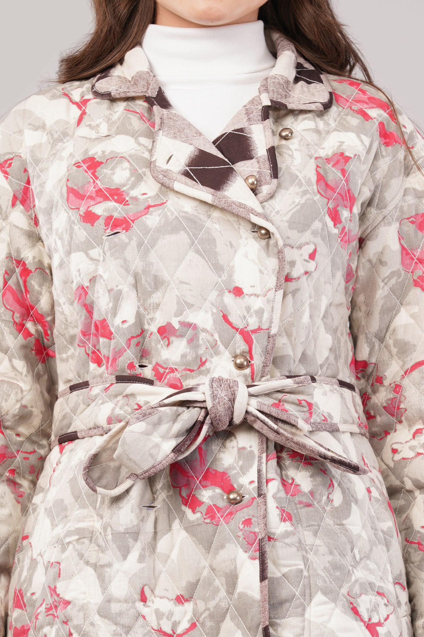 Reversible Quilted Cotton Robe – Beige Floral & Checkered Neutral Belted Loungewear