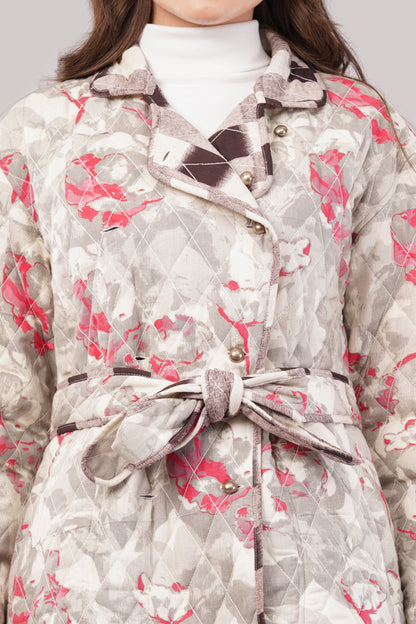 Reversible Quilted Cotton Robe – Beige Floral & Checkered Neutral Belted Loungewear