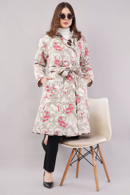 Reversible Quilted Cotton Robe – Beige Floral & Checkered Neutral Belted Loungewear