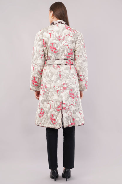 Reversible Quilted Cotton Robe – Beige Floral & Checkered Neutral Belted Loungewear