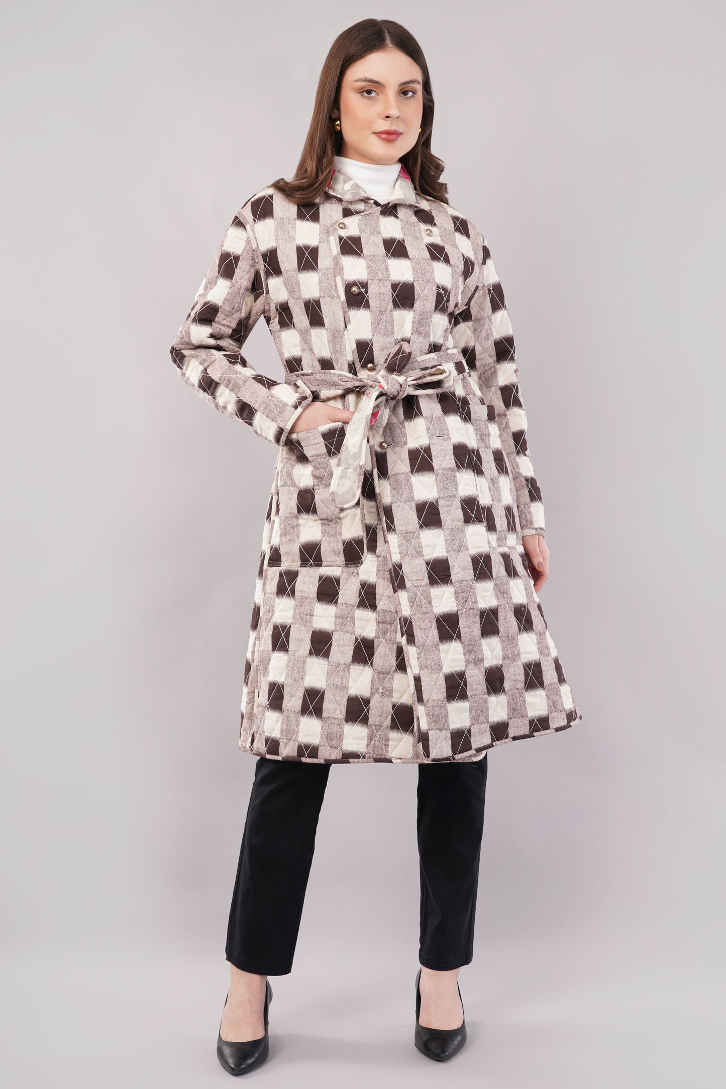 Reversible Quilted Cotton Robe – Beige Floral & Checkered Neutral Belted Loungewear