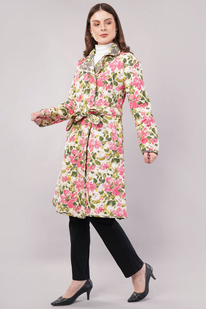 Reversible Quilted Cotton Robe – Pink Floral & Green Botanical Belted Loungewear