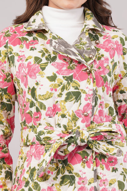 Reversible Quilted Cotton Robe – Pink Floral & Green Botanical Belted Loungewear