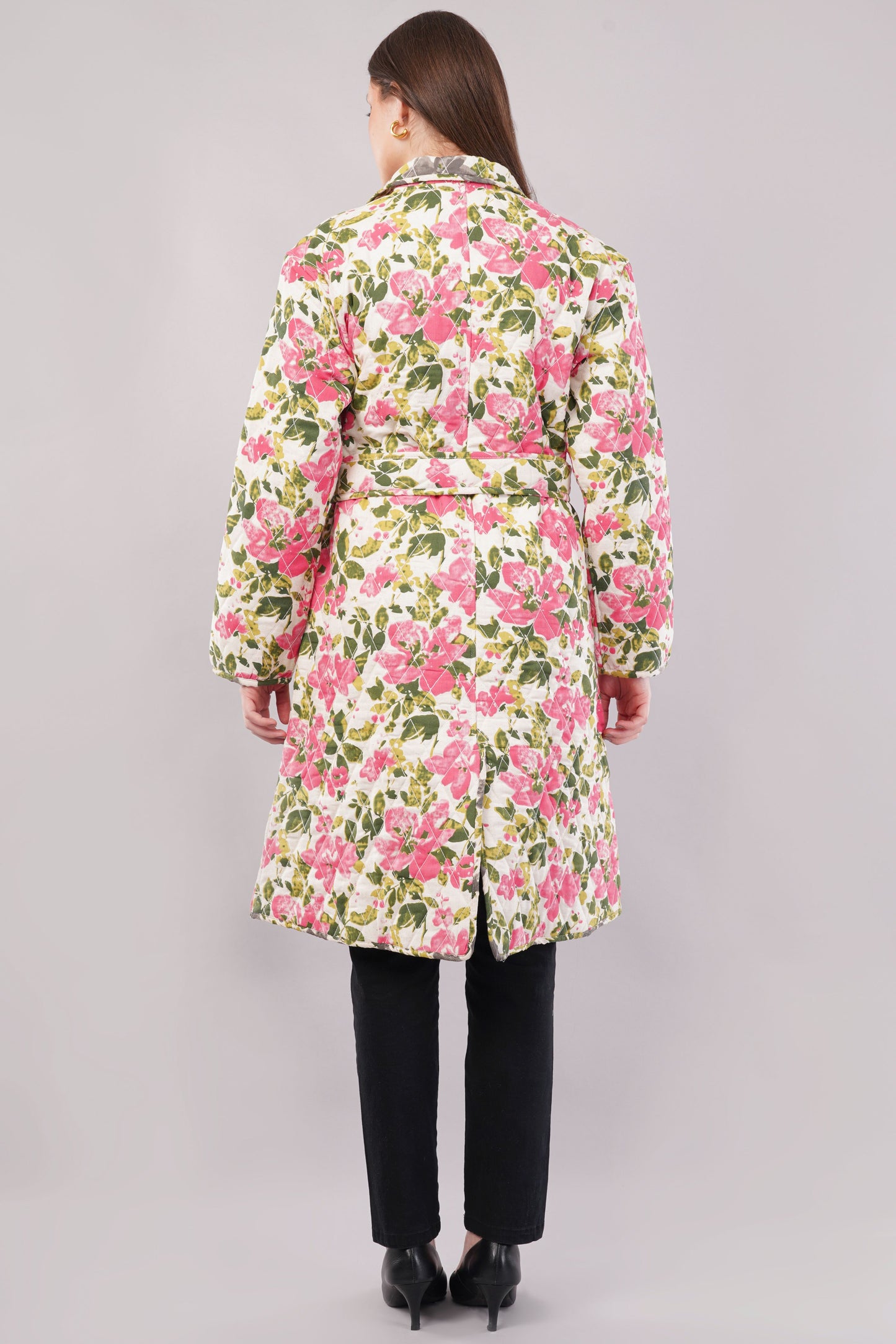 Reversible Quilted Cotton Robe – Pink Floral & Green Botanical Belted Loungewear