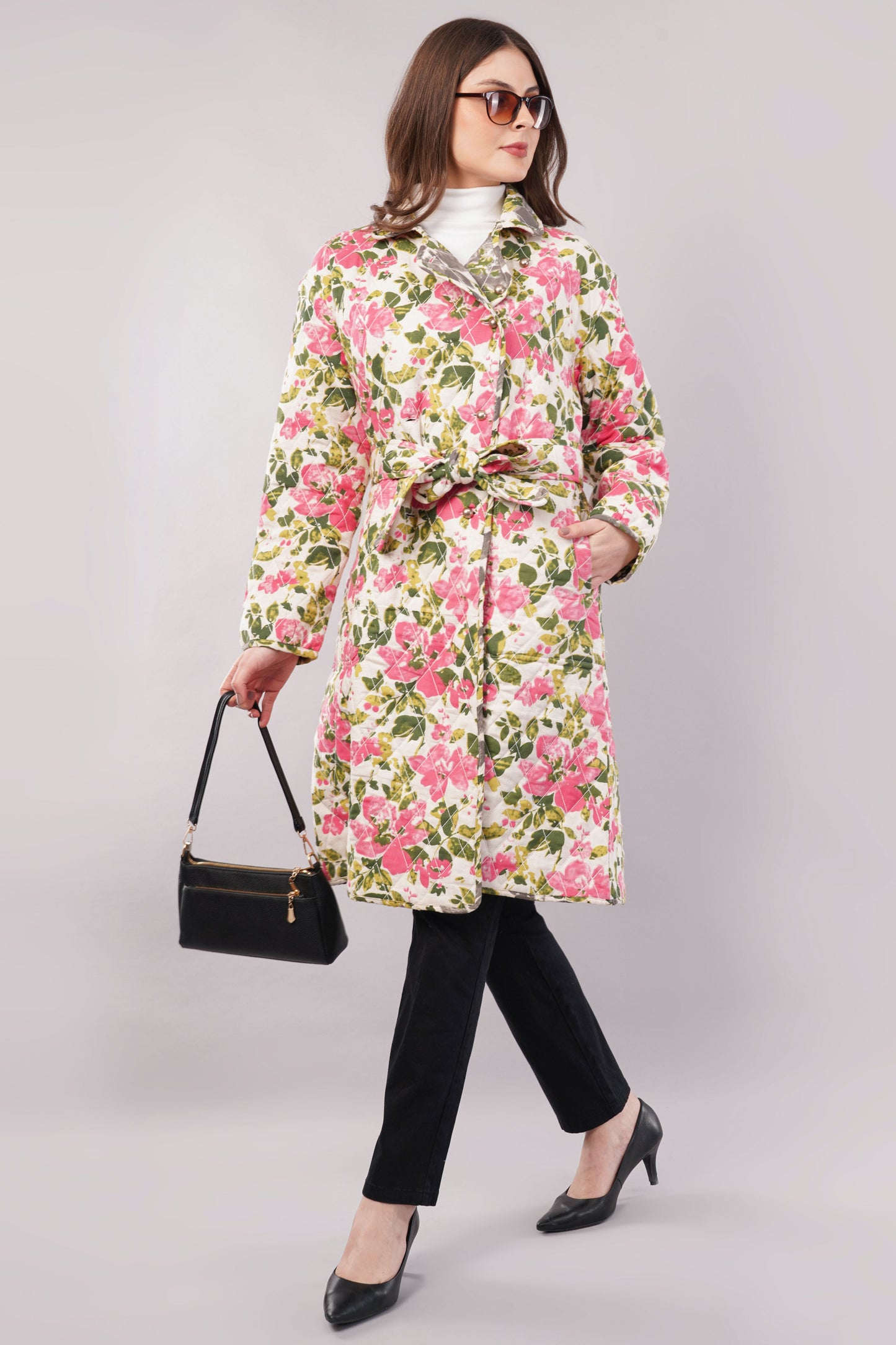 Reversible Quilted Cotton Robe – Pink Floral & Green Botanical Belted Loungewear