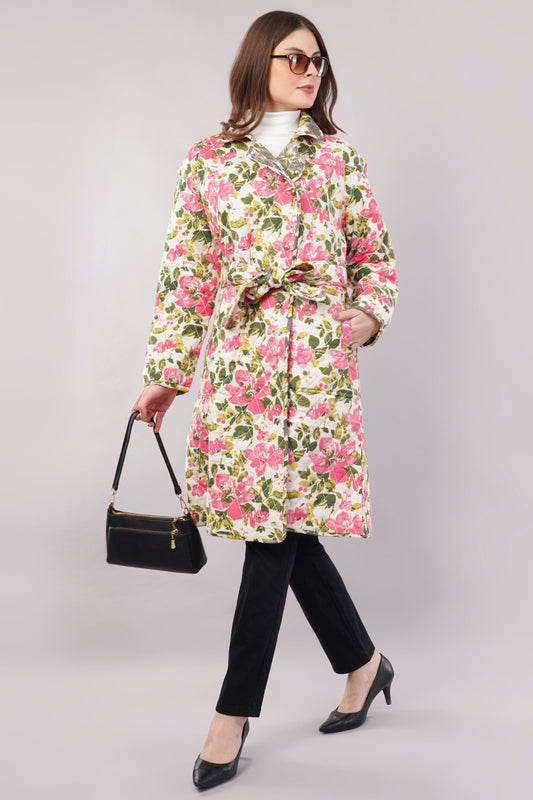 Reversible Quilted Cotton Robe – Pink Floral & Green Botanical Belted Loungewear