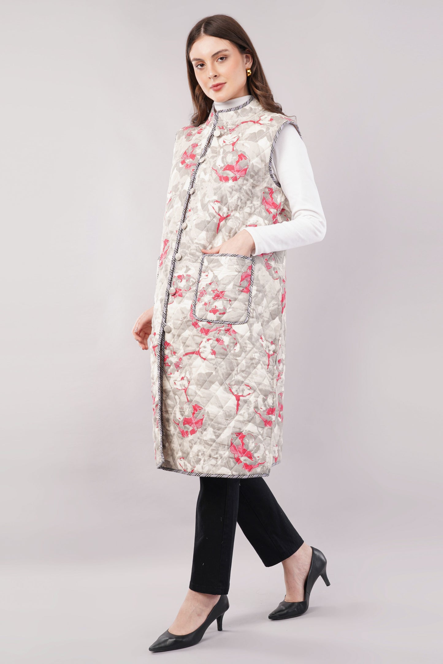 Reversible Quilted Cotton Vest – Floral & Checkered Sleeveless Jacket with Pockets