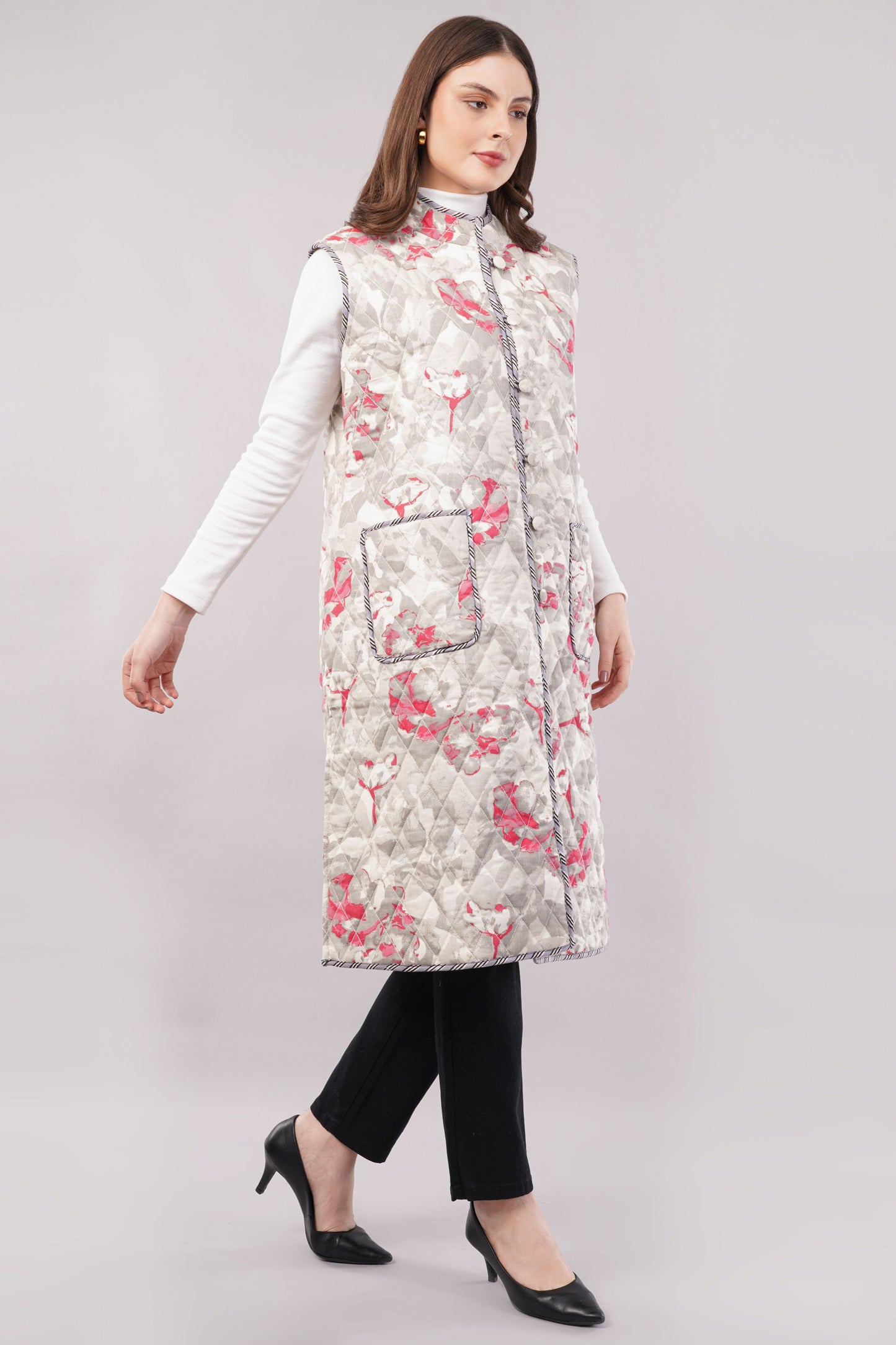 Reversible Quilted Cotton Vest – Floral & Checkered Sleeveless Jacket with Pockets