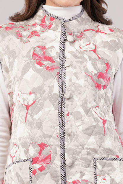 Reversible Quilted Cotton Vest – Floral & Checkered Sleeveless Jacket with Pockets