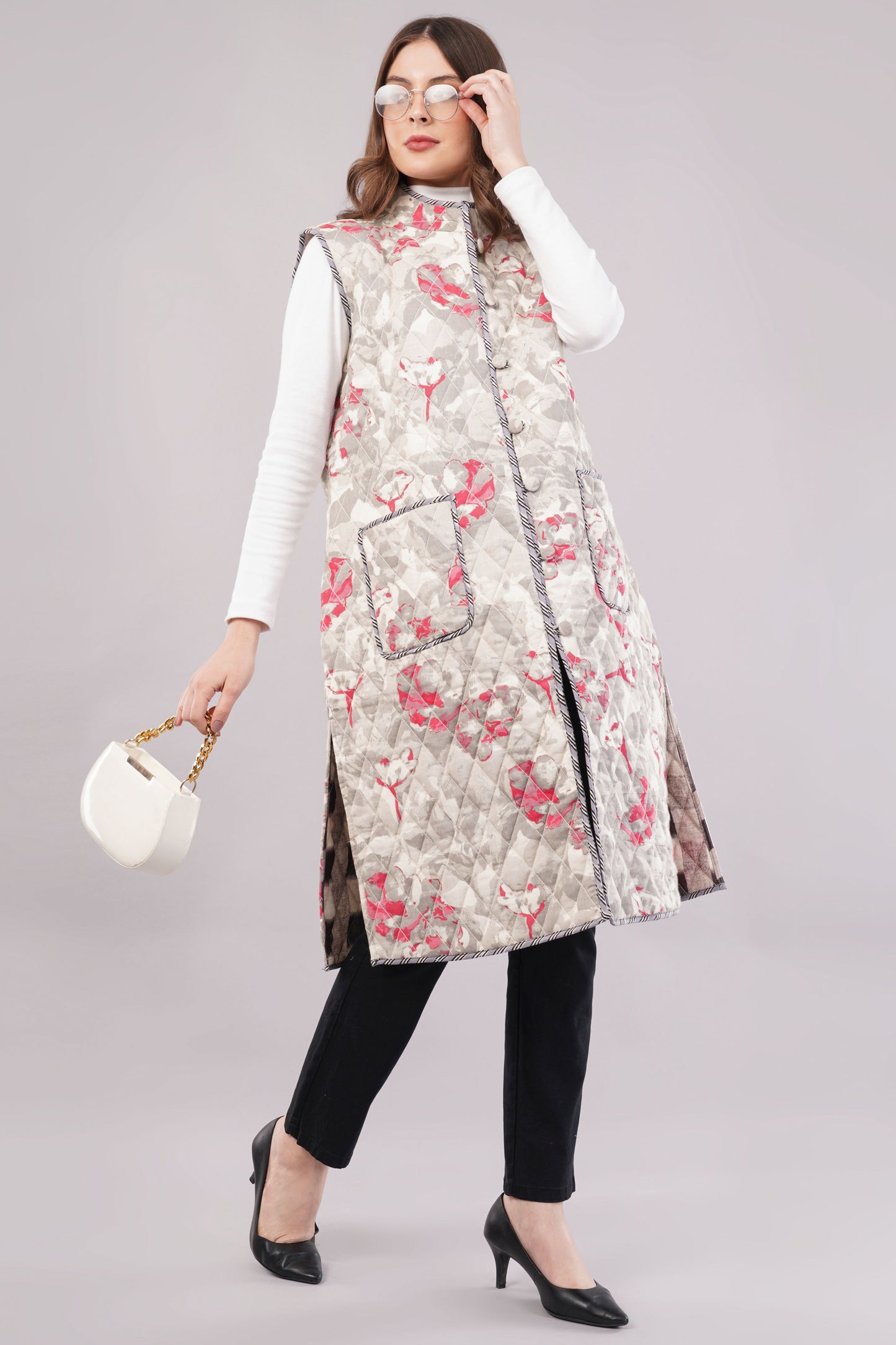 Reversible Quilted Cotton Vest – Floral & Checkered Sleeveless Jacket with Pockets