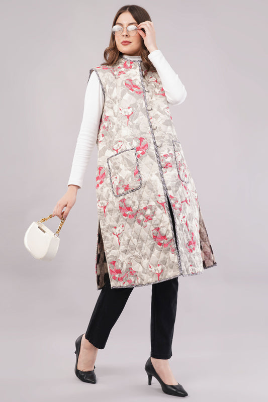 Reversible Quilted Cotton Vest – Floral & Checkered Sleeveless Jacket with Pockets