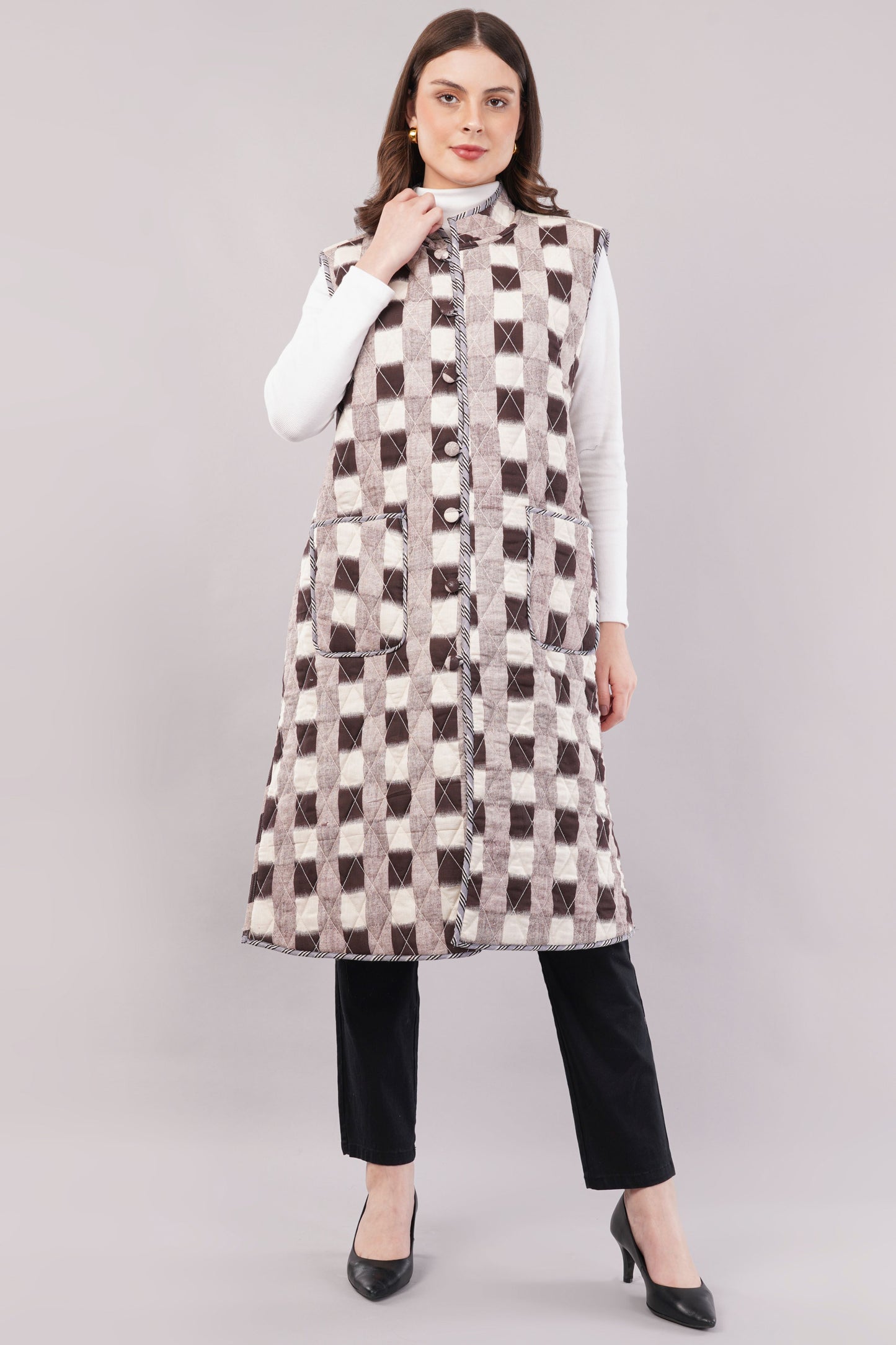 Reversible Quilted Cotton Vest – Floral & Checkered Sleeveless Jacket with Pockets