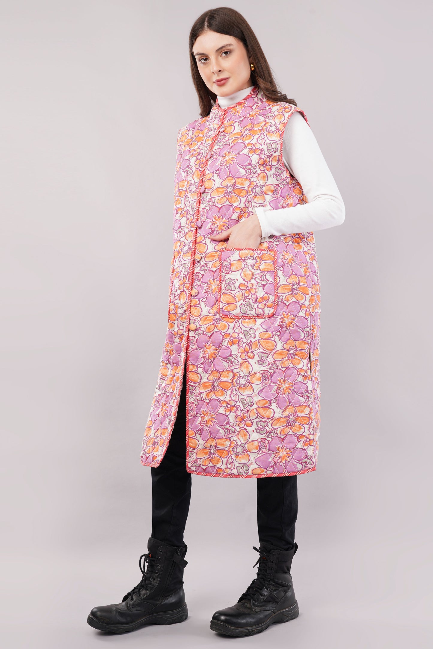 Reversible Quilted Cotton Vest – Vibrant Floral & Earthy Botanical Sleeveless Jacket