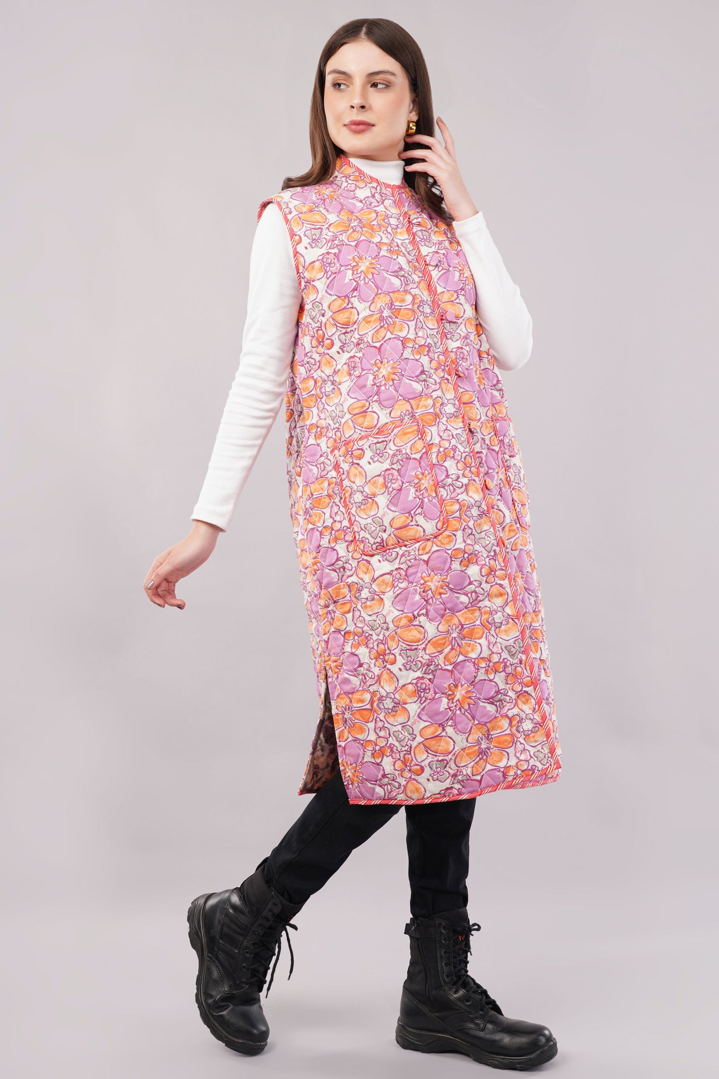 Reversible Quilted Cotton Vest – Vibrant Floral & Earthy Botanical Sleeveless Jacket