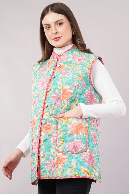 Reversible Quilted Cotton Vest – Turquoise & Peach Floral Sleeveless Jacket with Pockets