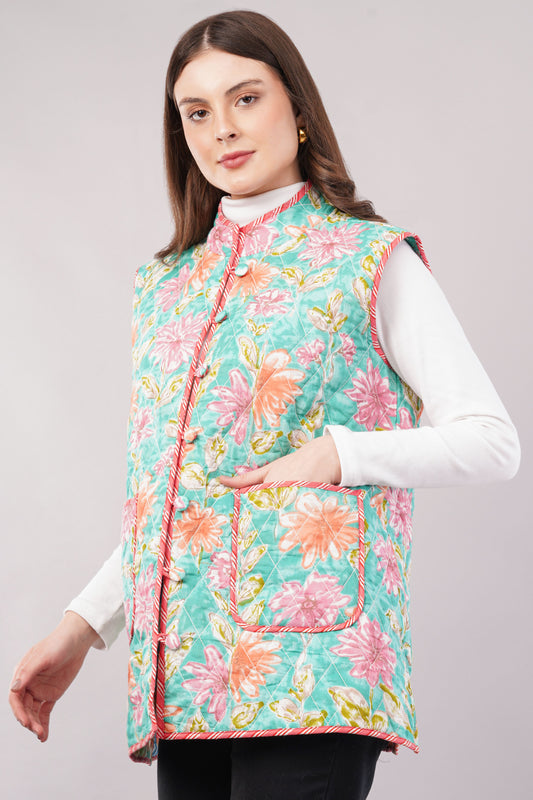 Reversible Quilted Cotton Vest – Turquoise & Peach Floral Sleeveless Jacket with Pockets