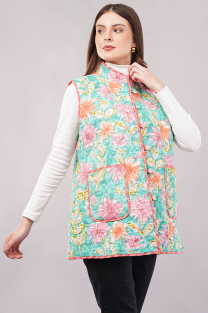 Reversible Quilted Cotton Vest – Turquoise & Peach Floral Sleeveless Jacket with Pockets