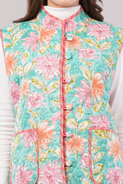 Reversible Quilted Cotton Vest – Turquoise & Peach Floral Sleeveless Jacket with Pockets