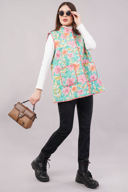 Reversible Quilted Cotton Vest – Turquoise & Peach Floral Sleeveless Jacket with Pockets
