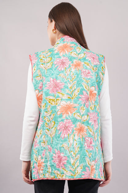 Reversible Quilted Cotton Vest – Turquoise & Peach Floral Sleeveless Jacket with Pockets